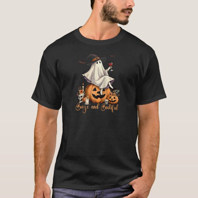 Camiseta Booze Bootiful Ghost Drinking Coquette Bow Hallowe (Anverso)