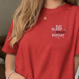 Camiseta Bordada COMER DORMIR LEER REPETIR Bordado libresco 