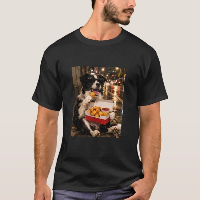 Camiseta Border Collie Comiendo Nugget de Pollo Meme Retro  (Anverso)