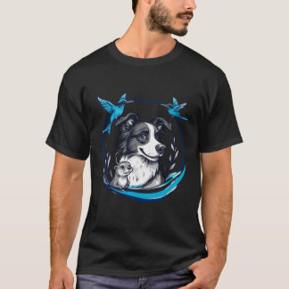 Camiseta Border Collie con Nutria y Pájaros Azules