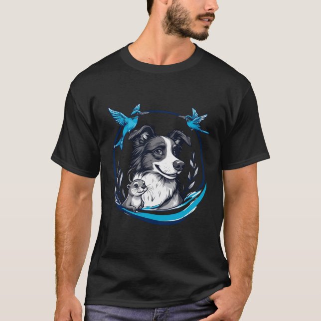 Camiseta Border Collie con Nutria y Pájaros Azules (Anverso)