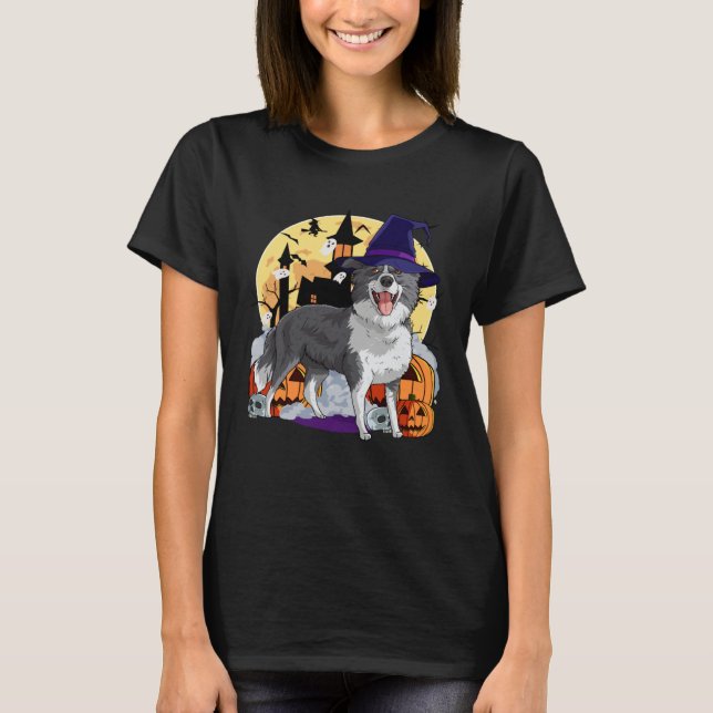 Camiseta Border Collie Cute Dog Halloween Witch Pumpkin (Anverso)