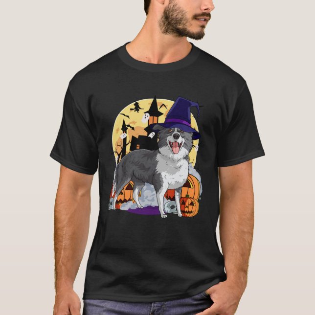 Camiseta Border Collie Cute Dog Halloween Witch Pumpkin (Anverso)