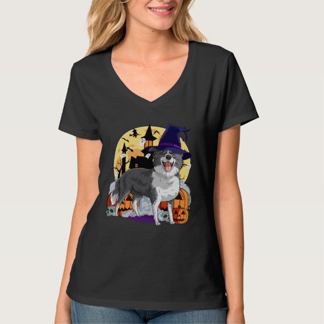 Camiseta Border Collie Cute Dog Halloween Witch Pumpkin (Anverso)