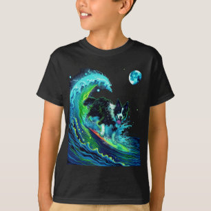 Camiseta Border Collie Niños Surfing Bajo la Luz de la Luna