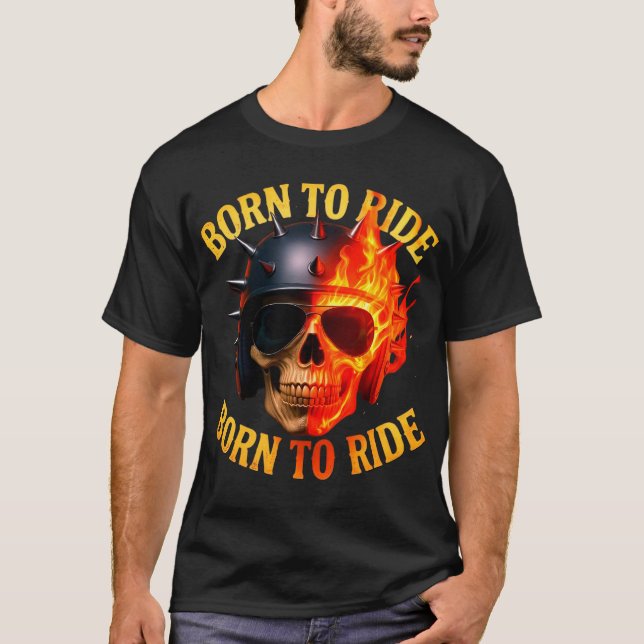 Camiseta Born to Ride Flaming Skull Helmet (Anverso)