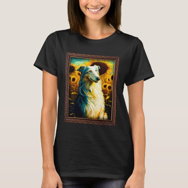 Camiseta Borzoi Pintura Flor de girasol Madera Floral (Anverso)