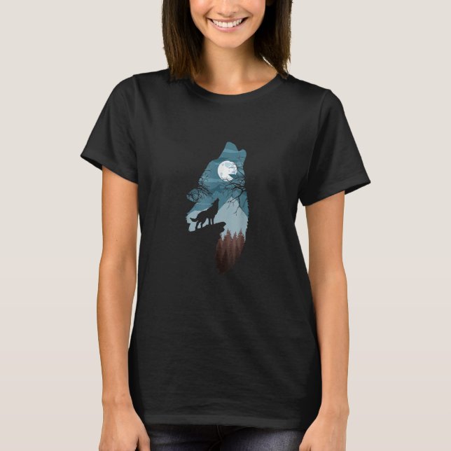 Camiseta Bosque Con Luna Llena Y Perro De Lobo Lobo Amuebla (Anverso)
