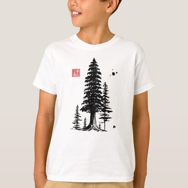 Camiseta Bosque de árboles secuoya Sumi-e (Anverso)