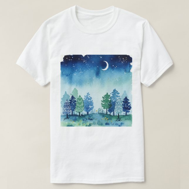 Camiseta Bosque de coníferas bajo un cielo estrellado (Diseño del anverso)