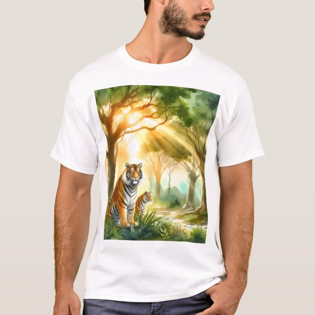 Camiseta Bosque iluminado por el sol con dos tigres (Anverso)