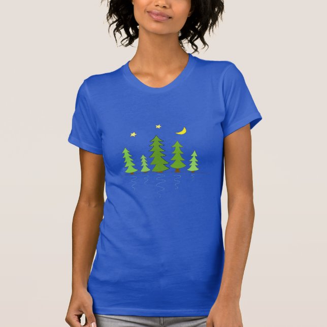 Camiseta Bosque nocturno con estrellas de árboles y luna (Anverso)