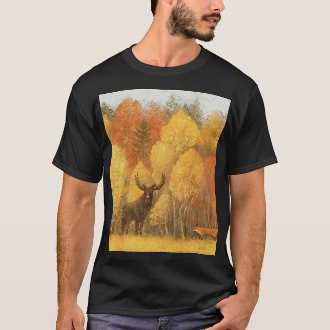 Camiseta Bosque otoñal, ciervo digital y zorro. (Anverso)
