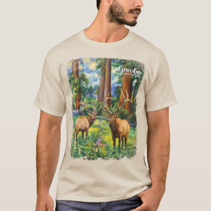 Camiseta Bosque Rojo Antiguo Alce Fauna Silvestre Estilo Va