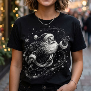 Camiseta Bosquejo vintage de Papá Noel volador en la noche 