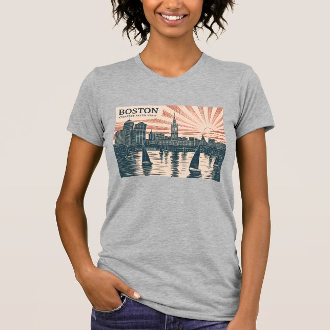 Camiseta Boston Charles River Sailboat Skyline Art Vintage (Anverso)