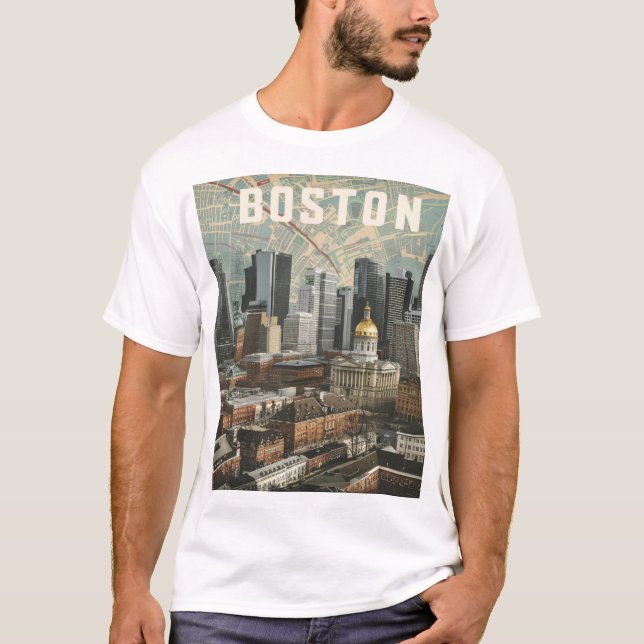 Camiseta Boston, Massachusetts Ciudad Silueta Con Mapa (Anverso)