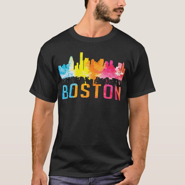 Camiseta Boston Massachusetts Retro Watercolor Skyline Souv (Anverso)