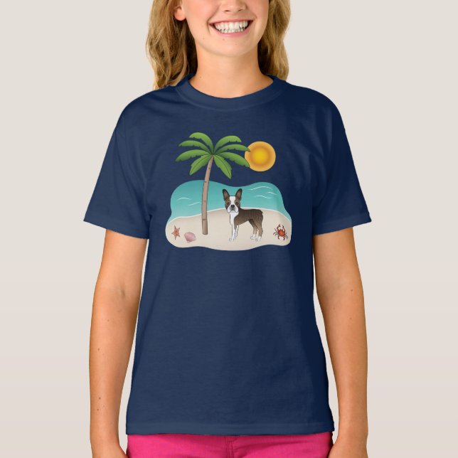 Camiseta Boston Terrier Atigrado En Una Playa Tropical De V (Anverso)