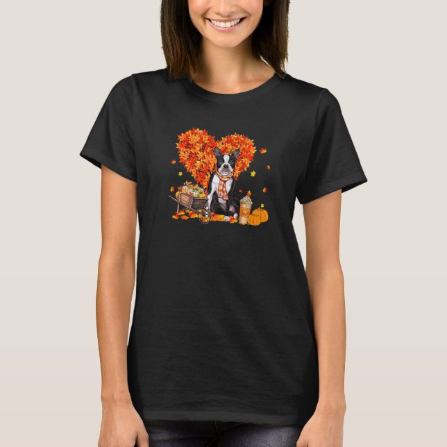 Camiseta Boston Terrier Autumn Tree Fall Leaves Pumpkin Dog (Anverso)