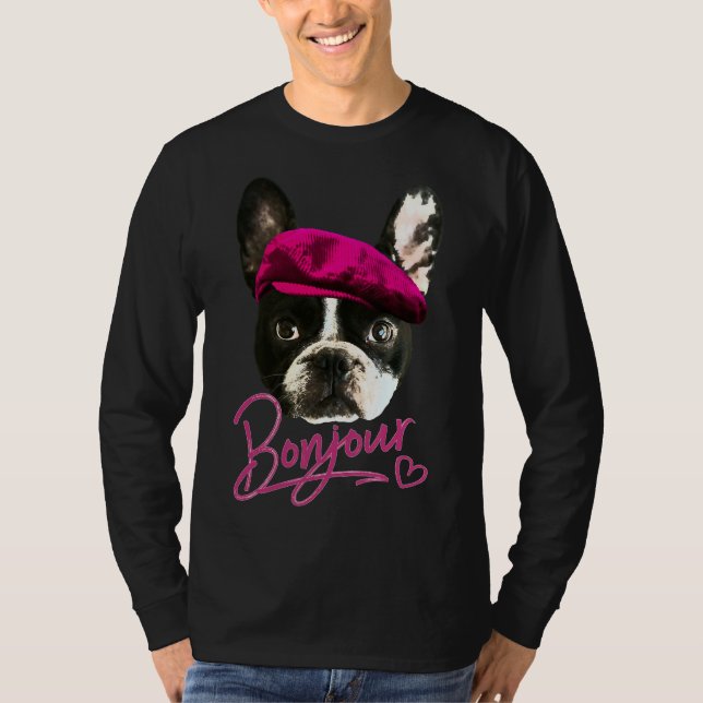 Camiseta Boston Terrier Bonjour Corazón Rosado Francés (Anverso)