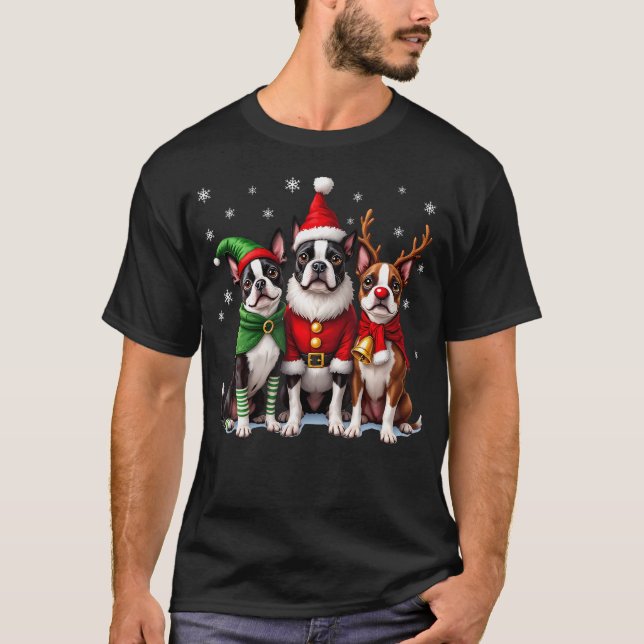 Camiseta Boston Terrier Christmas Dogs Funny Santa Reindeer (Anverso)