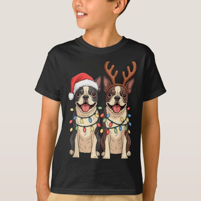 Camiseta Boston Terrier Christmas Santa Hat Reindeer Lights (Anverso)