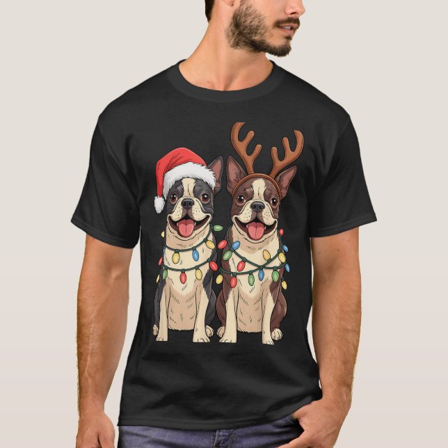 Camiseta Boston Terrier Christmas Santa Hat Reindeer Lights (Anverso)