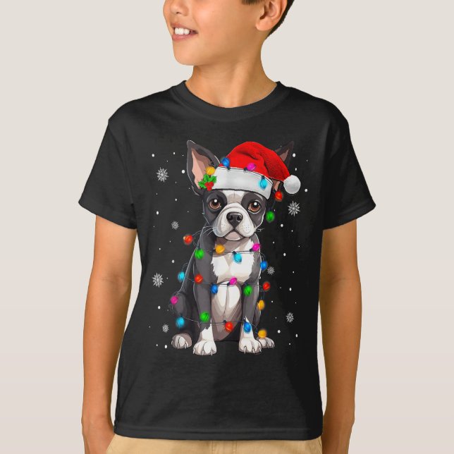 Camiseta Boston Terrier Christmas Santa Hat Tree Lights Paj (Anverso)