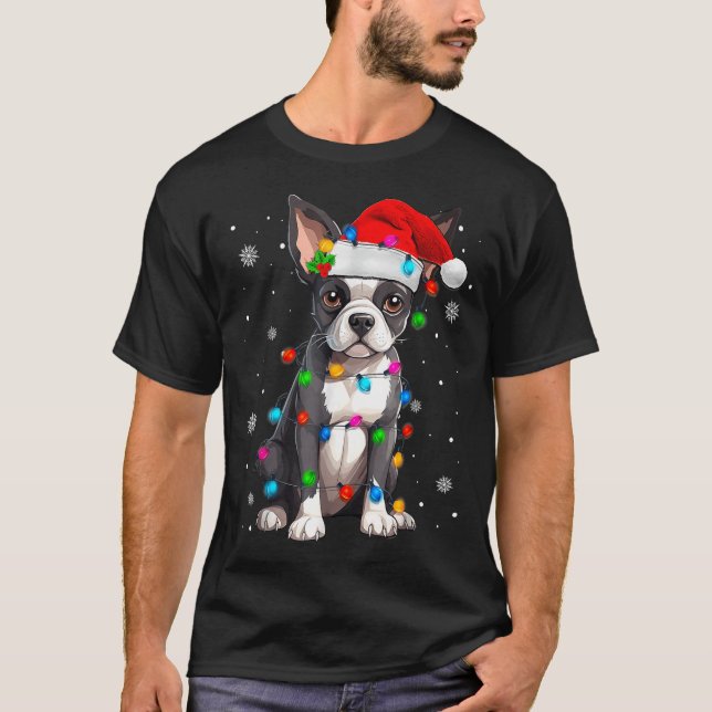 Camiseta Boston Terrier Christmas Santa Hat Tree Lights Paj (Anverso)