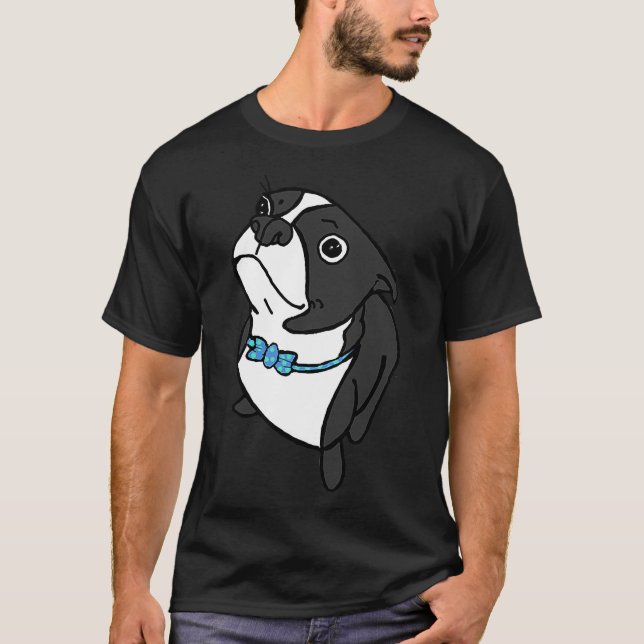 Camiseta Boston Terrier Con Azulejos De Bow De Punto Azul (Anverso)