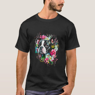 Camiseta Boston Terrier con flores acuarela  Bostie  16