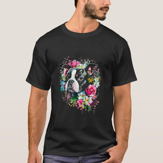 Camiseta Boston Terrier con flores acuarela  Bostie  16 (Anverso)