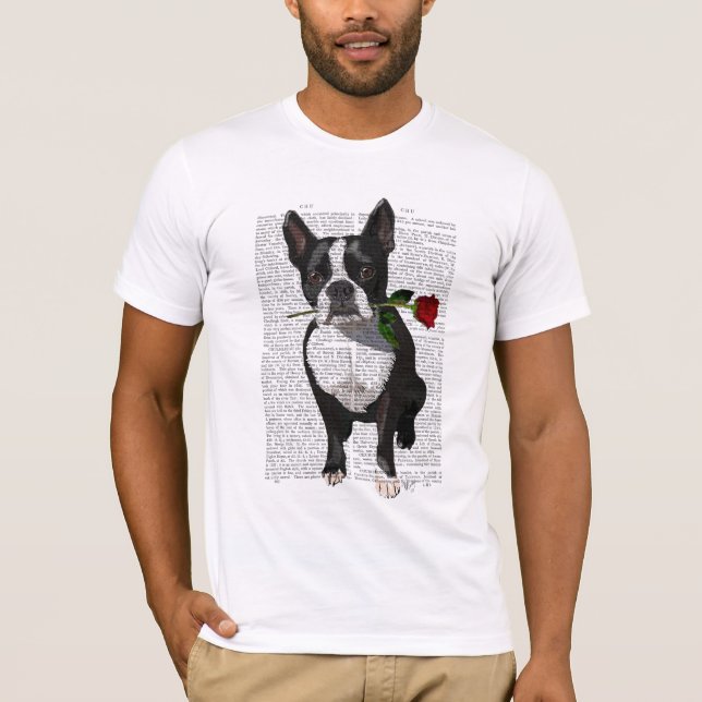 Camiseta Boston Terrier con Rosa en boca (Anverso)