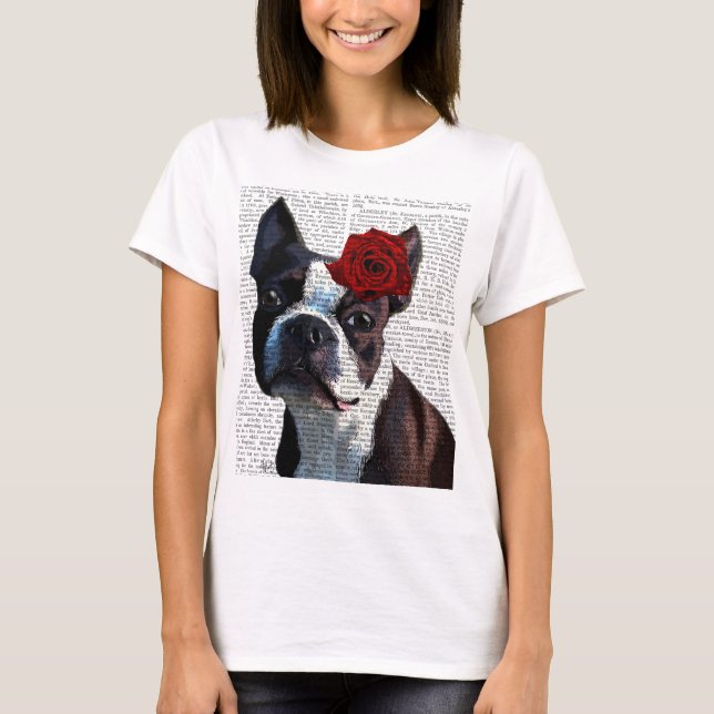 Camiseta Boston Terrier con Rosa en la cabeza (Anverso)