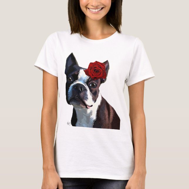 Camiseta Boston Terrier con Rosa en la cabeza 2 (Anverso)