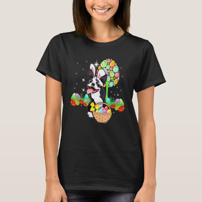 Camiseta Boston Terrier Dog Caza Huevo Árbol Bunny Easter D (Anverso)