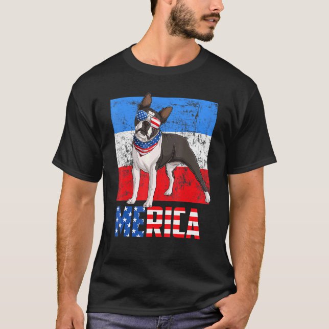 Camiseta Boston Terrier Dog Merica 4 De Julio American Fla (Anverso)