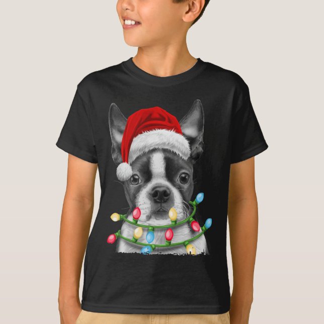 Camiseta Boston Terrier Dog Santa Christmas Tree Ilumina Xm (Anverso)