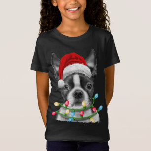 Camiseta Boston Terrier Dog Santa Christmas Tree Ilumina Xm