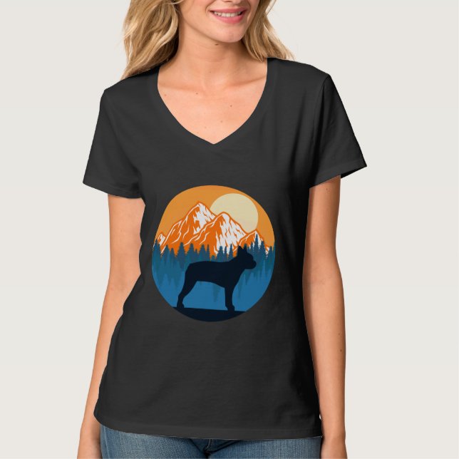 Camiseta Boston Terrier Dog Silhouette Sunset Mountain Fore (Anverso)