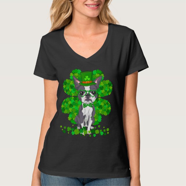 Camiseta Boston Terrier Dog St Patrick Day Cute Shamrock (Anverso)