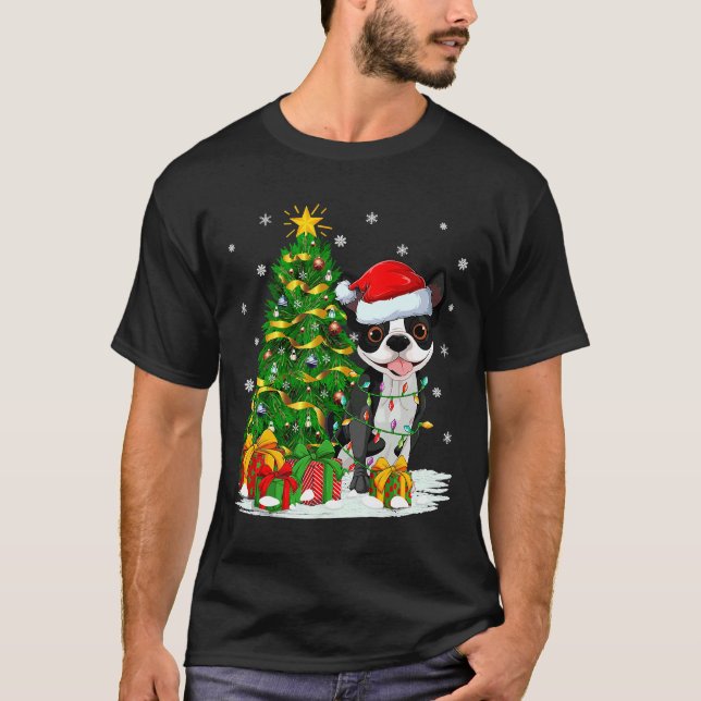 Camiseta Boston Terrier Dog Xmas Tree Santa (Anverso)