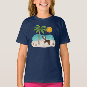 Camiseta Boston Terrier Marrón en una Playa Tropical de Ver