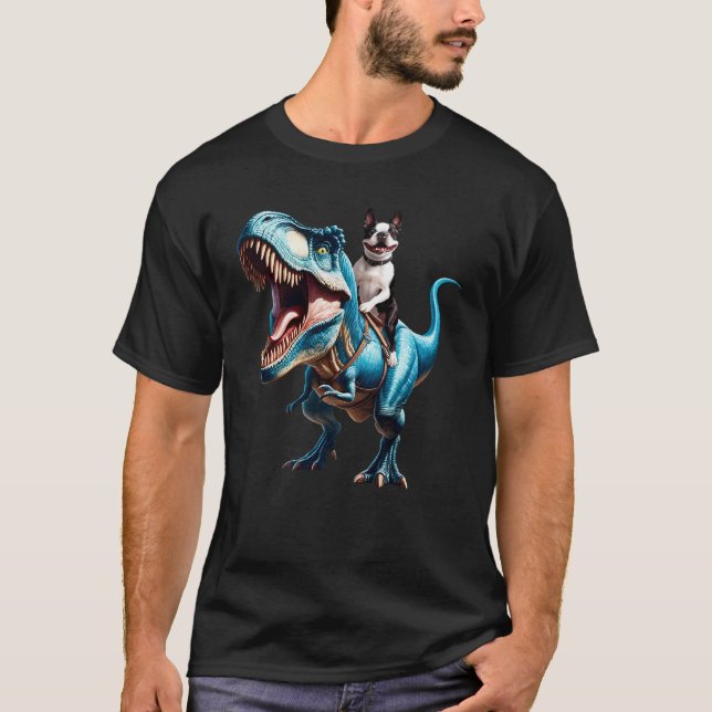 Camiseta Boston Terrier montando Dinosaur Funny Lover (Anverso)