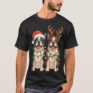 Camiseta Boston Terrier Navidad Sombrero de Santa Reno Luce