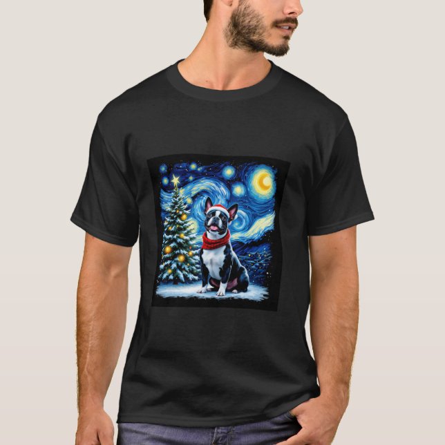 Camiseta Boston Terrier Noche Estrellada Navidad Van Gogh P (Anverso)