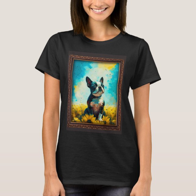 Camiseta Boston Terrier Painting Sunflower Flower Mom Women (Anverso)