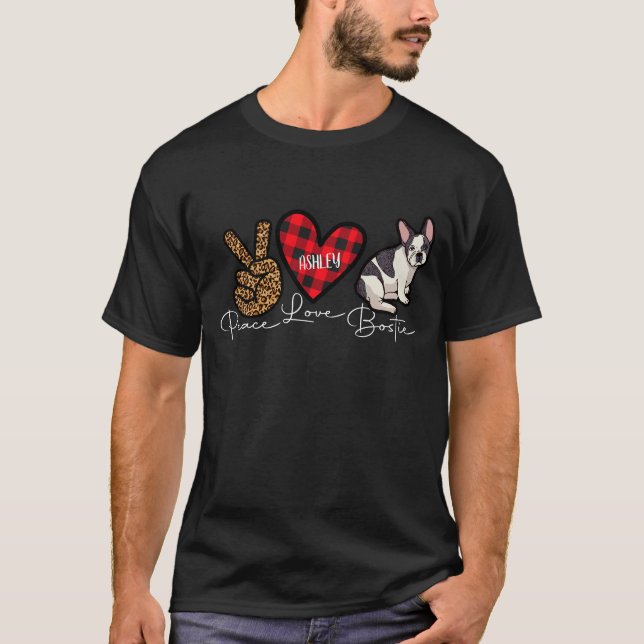 Camiseta Boston Terrier Plaid Peace Love Cute Dog (Anverso)