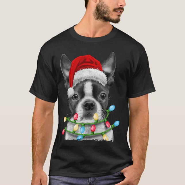 Camiseta Boston Terrier Santa Christmas Tree Enfoca la Navi (Anverso)